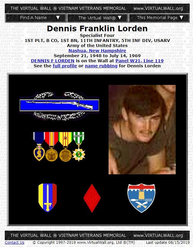Dennis Franklin Lorden Nashua NH Vietnam War Casualty