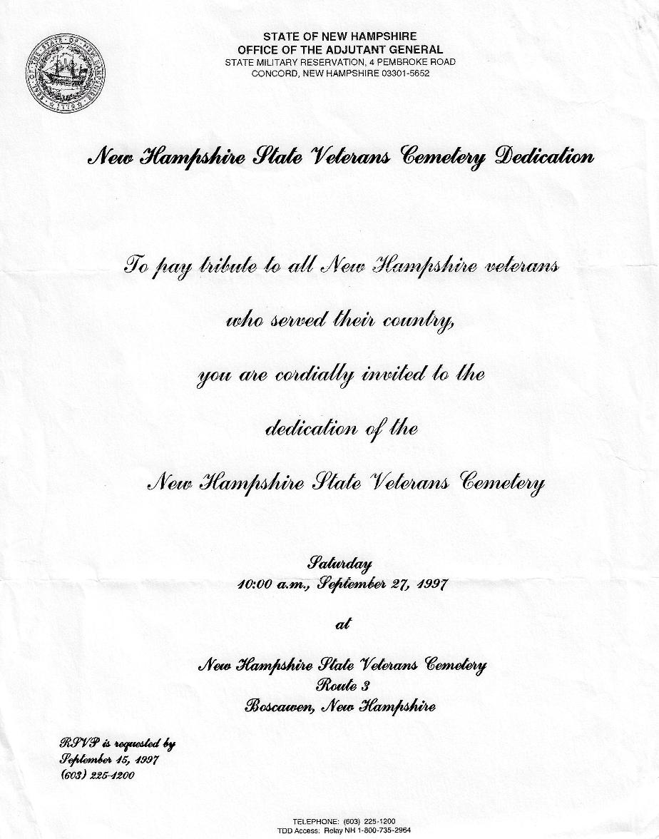 NH State Veterans Cemetery Dedication Invitation - Sept 27 1997