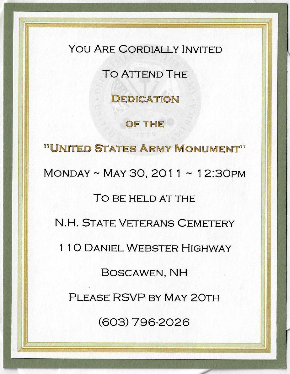 US Army Memorial Dedication Invitation NH State Veterans Cemetery