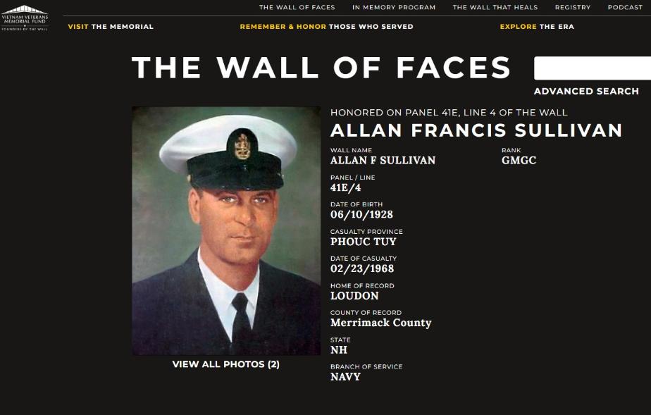 Allan Francis Sullivan Loudon NH Vietnam War Casualty