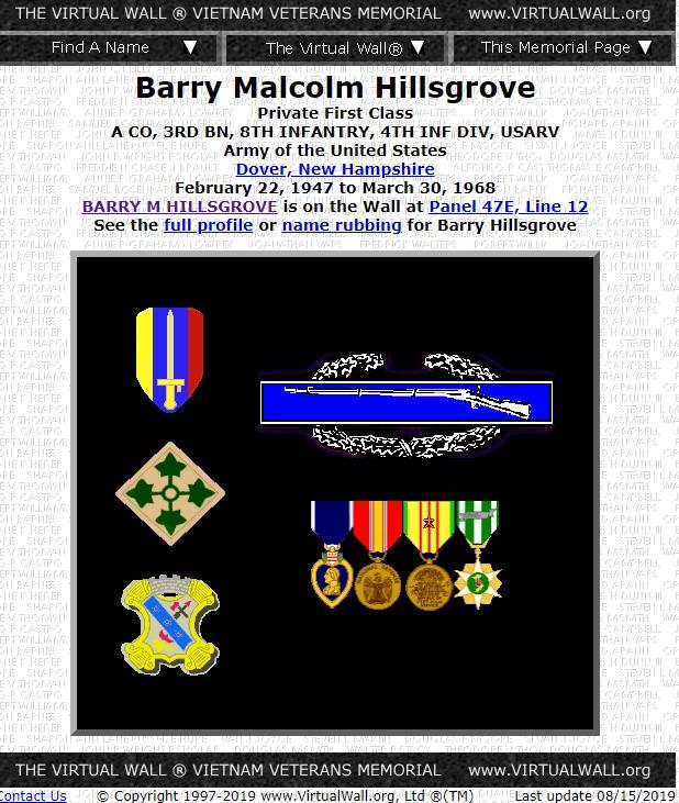 Barry Malcolm Hillsgrove Vietnam Casualty Dover New Hampshire
