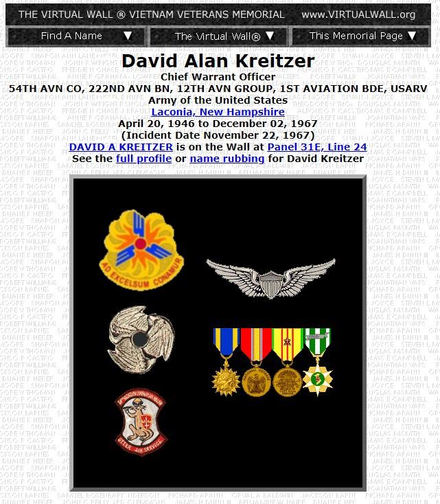 David Alan Kreizer Laconia NH Vietnam War Casualty