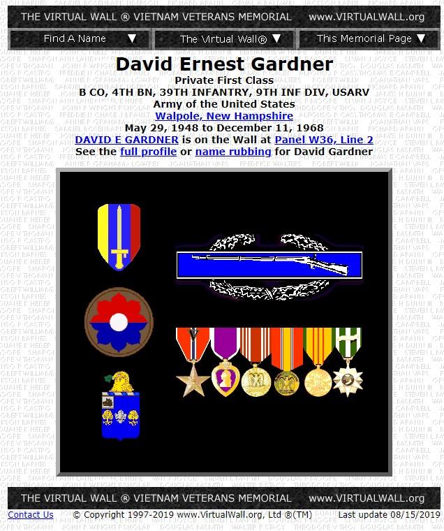 David Ernest Gardner Walpole NH Vietnam War Casualty