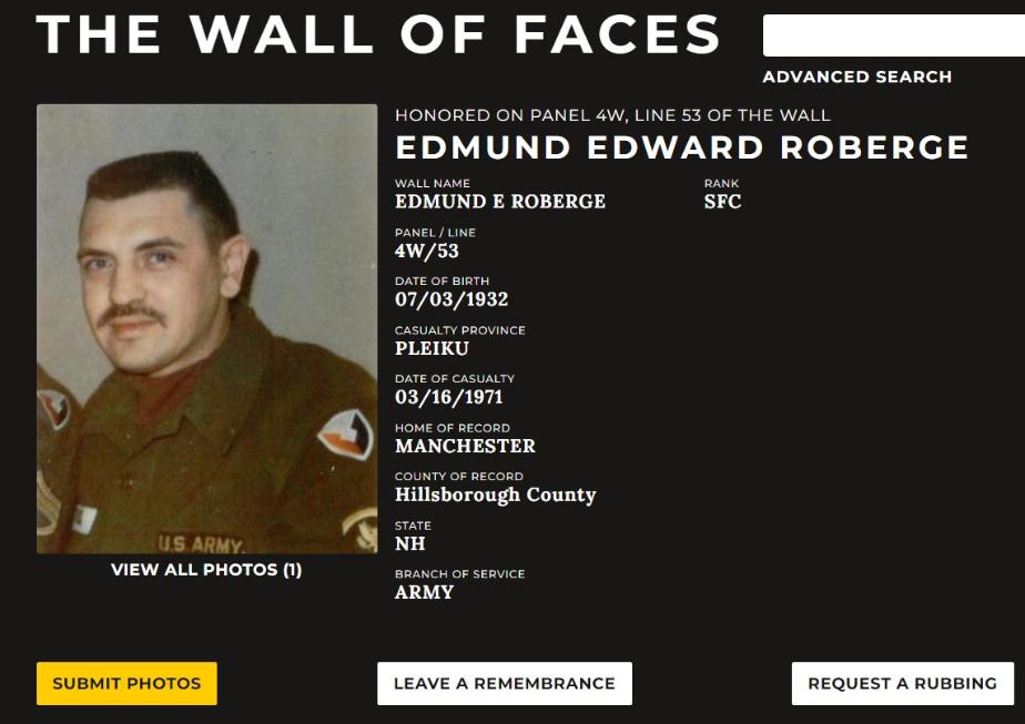 Edmund Edward Roberge Manchester NH Vietnam War Casualty
