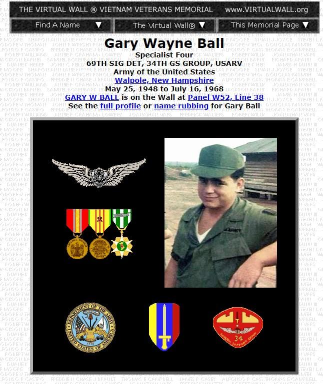 Gary Wayne Ball Walpole New Hampshire Vietnam War Casualty 