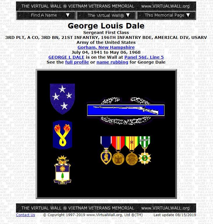 George Louis Dale - Vietnam War Casualty - Gorham New Hampshire
