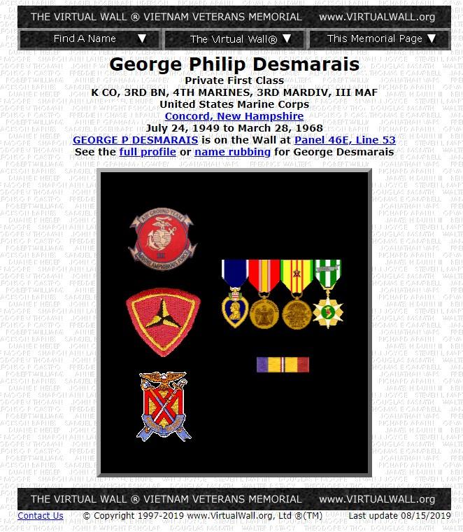 George Phillip Desmarais Concord NH Vietnam War Casualty