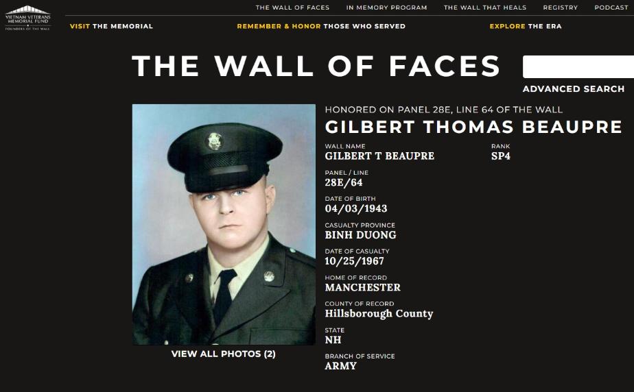 Gilbert Thomas Beaupre Manchester NH Vietnam War Casualty
