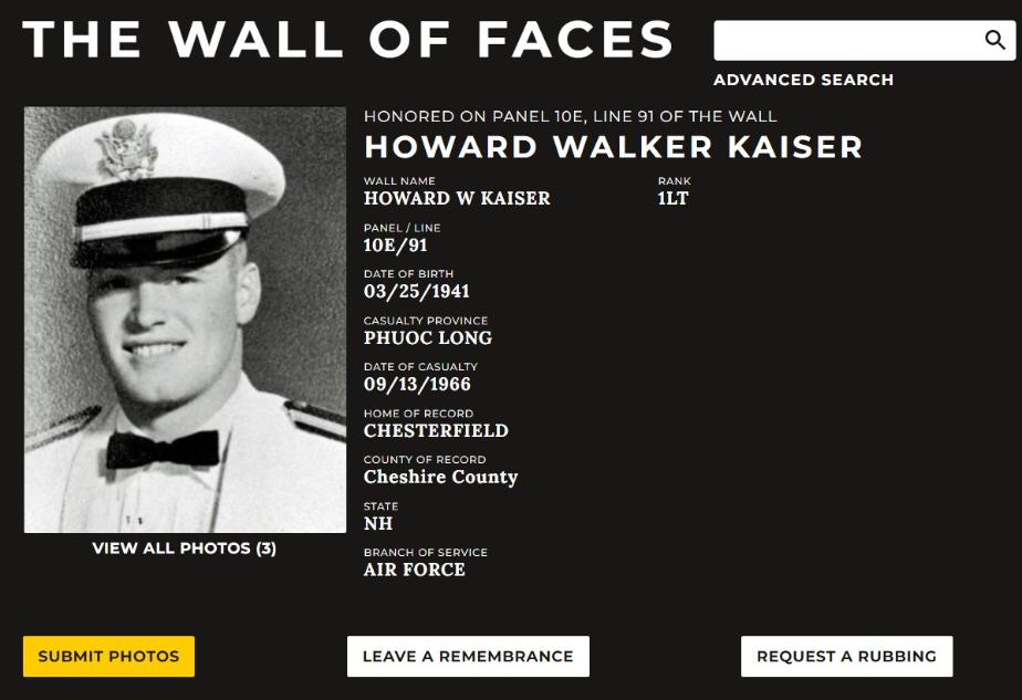 Howard Walker Kaiser Chesterfield NH Vietnam War Casualty