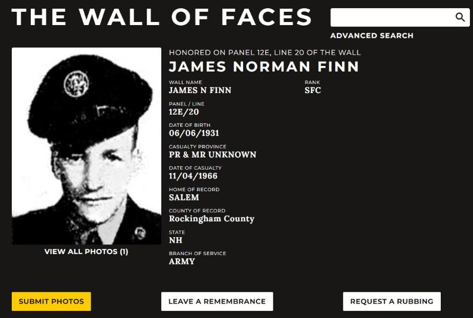 James Norman Finn Salem NH Vietnam War Casualty