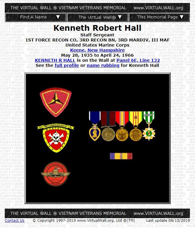 Kenneth Robert Hall Keene NH Vietnam War Casualty
