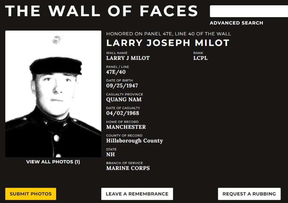 Larry Joseph Milot Manchester NH Vietnam War Casualty