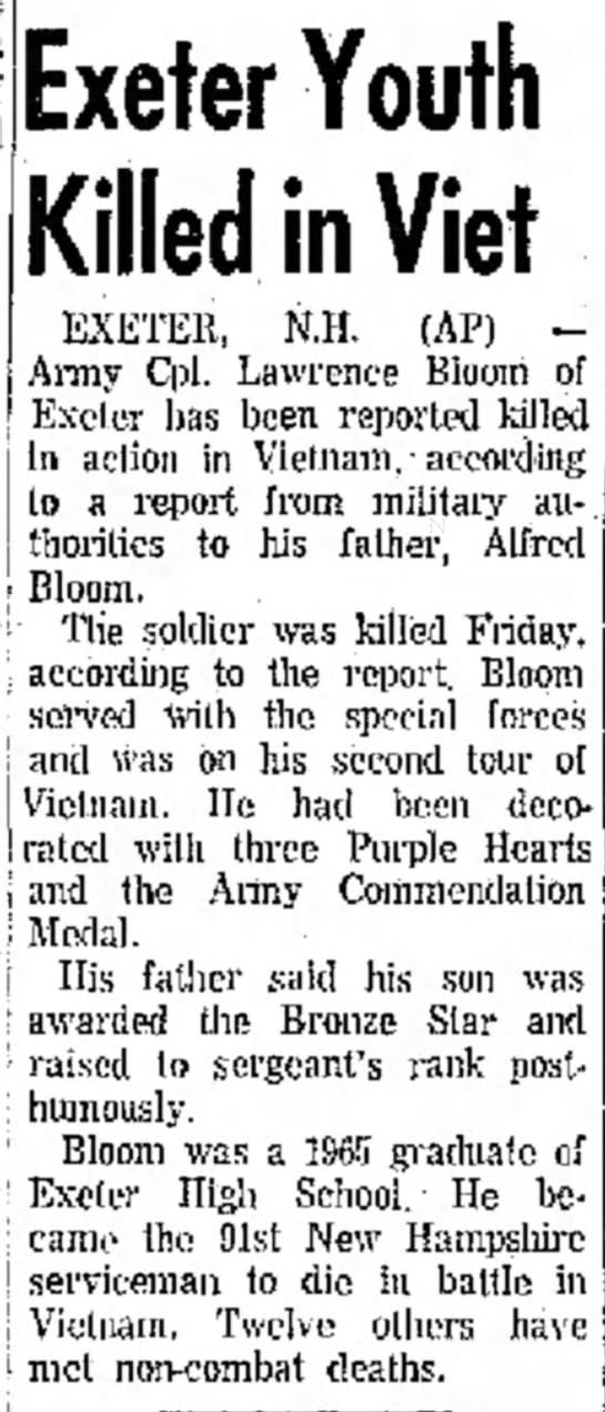 Sgt Lawrence Clifford Bloom - Exeter NH Vietnam Casualty
