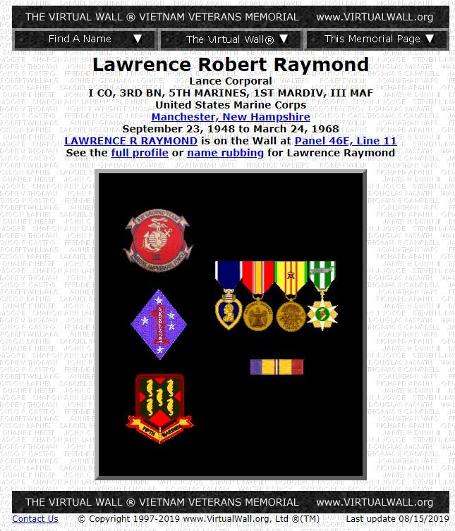 Lawrence Robert Raymond  Manchester NH Vietnam War Casualty