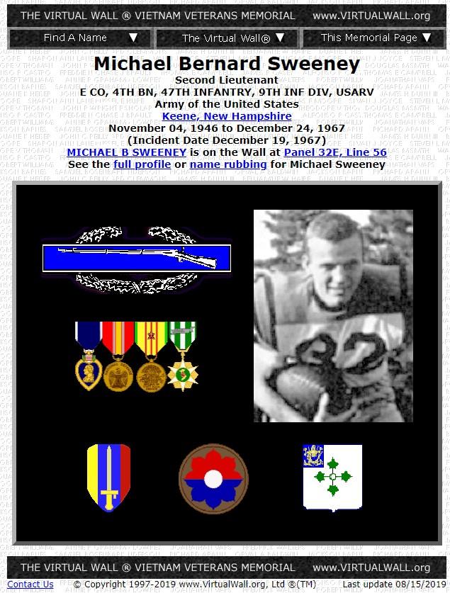 Michael Bernard Sweeney Keene NH Vietnam War Casualty