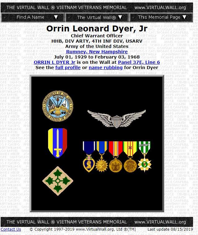Orrin Leonard Dyer Jr Rumney NH Vietnam War Casualty