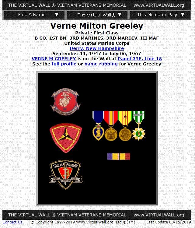 PFC Verne Milton Greeley - Vietnam War Casualty from Derry NH