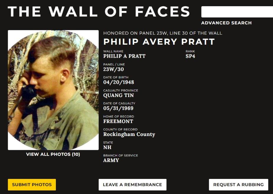 Philip Avery Pratt Fremont NH Vietnam War Casualty