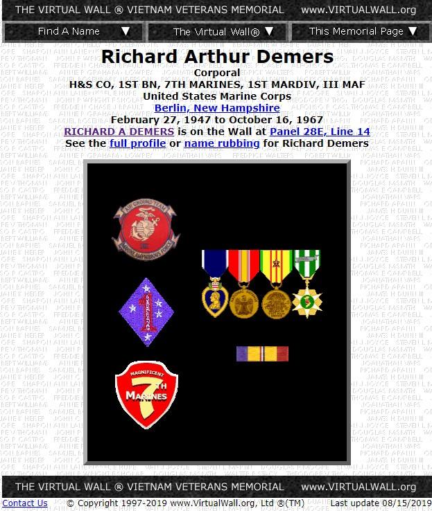 Corporal Richard Arthur Demers Berlin NH Vietnam Casualty