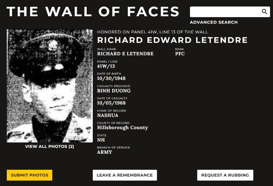 Richard Edward Letendre Nashua NH Vietnam War Casualty