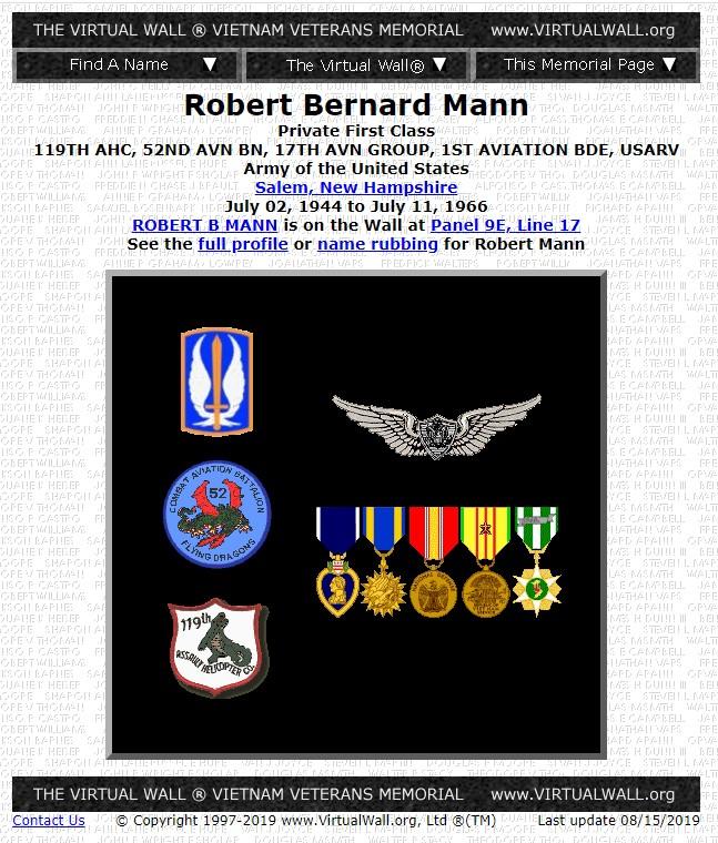 Robert Bernard Mann Salem NH Vietnam War Casualty