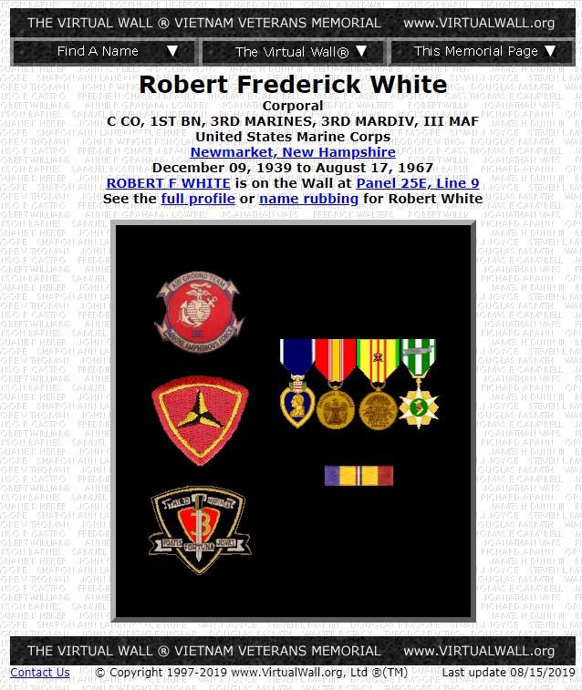 Robert Frederick White Newmarket NH Vietnam War Casualty