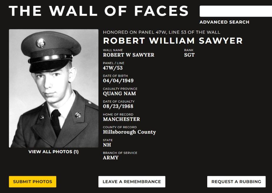 Robert William Sawyer Manchester NH Vietnam War Casualty