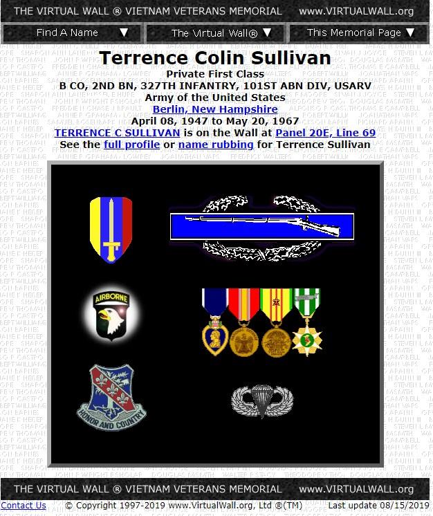 Terrence Colin Sullivan - Belin NH Vietnam Casualty