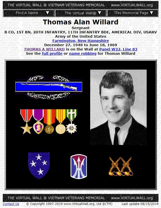 Thomas Alan Willard Farmington NH Vietnam War Casualty