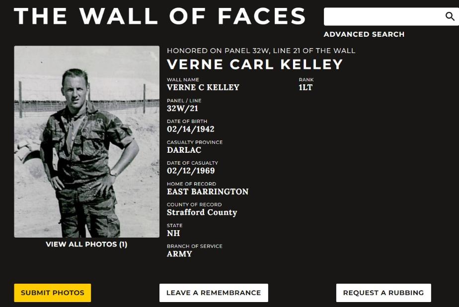 Verne Carl Kelley East Barrington NH Vietnam War Casualty