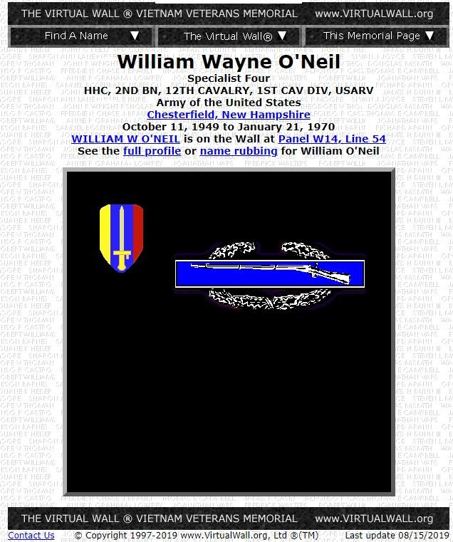 William Wayne O.Neil Chesterfield NH Vietnam War Casualty