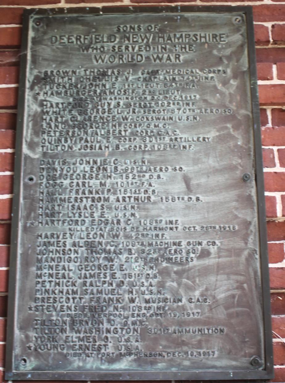 Deerfield New Hampshire World War I Veterans Honor Roll