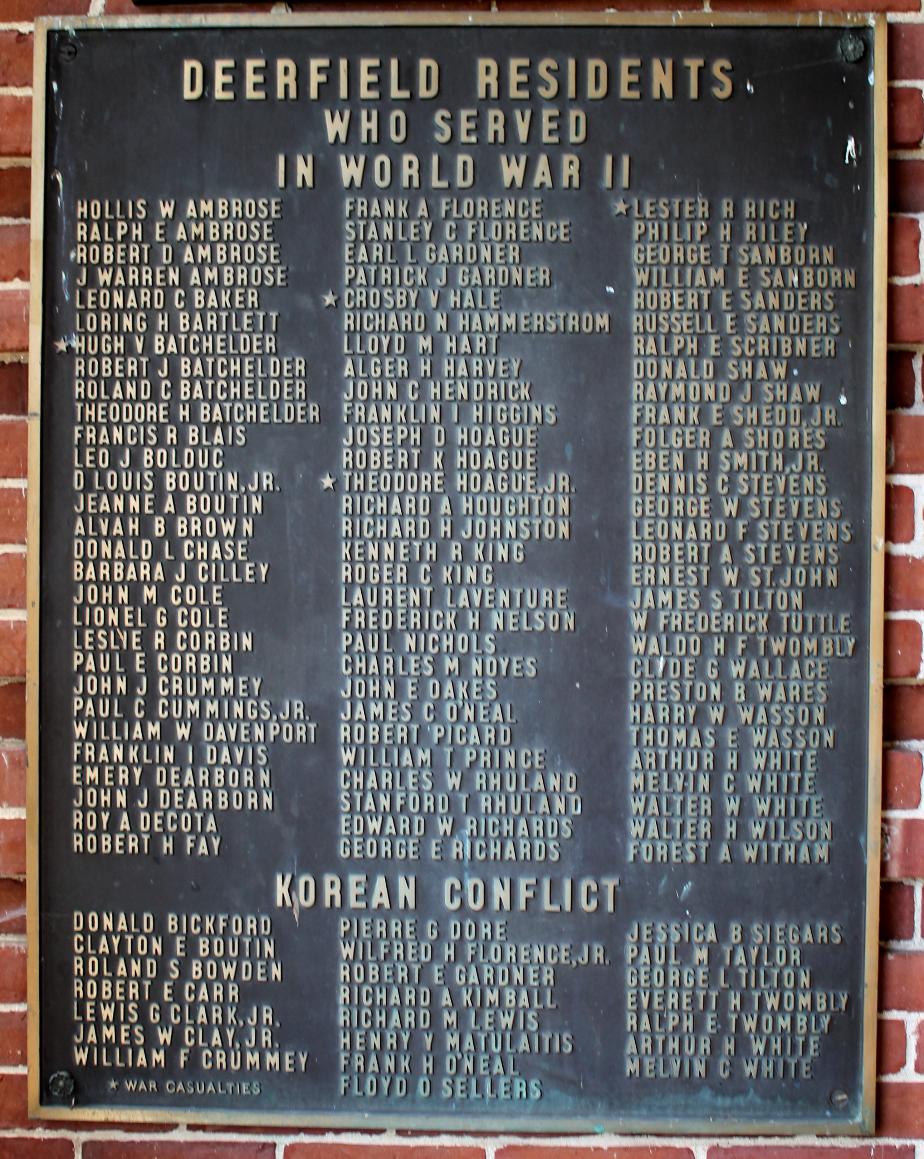 Deerfield New Hampshire World War II Veterans Honor Roll