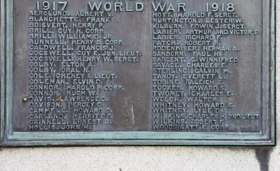 Henniker New Hampshire Colonel Leander Cogswell Veterans Memorial - World War I