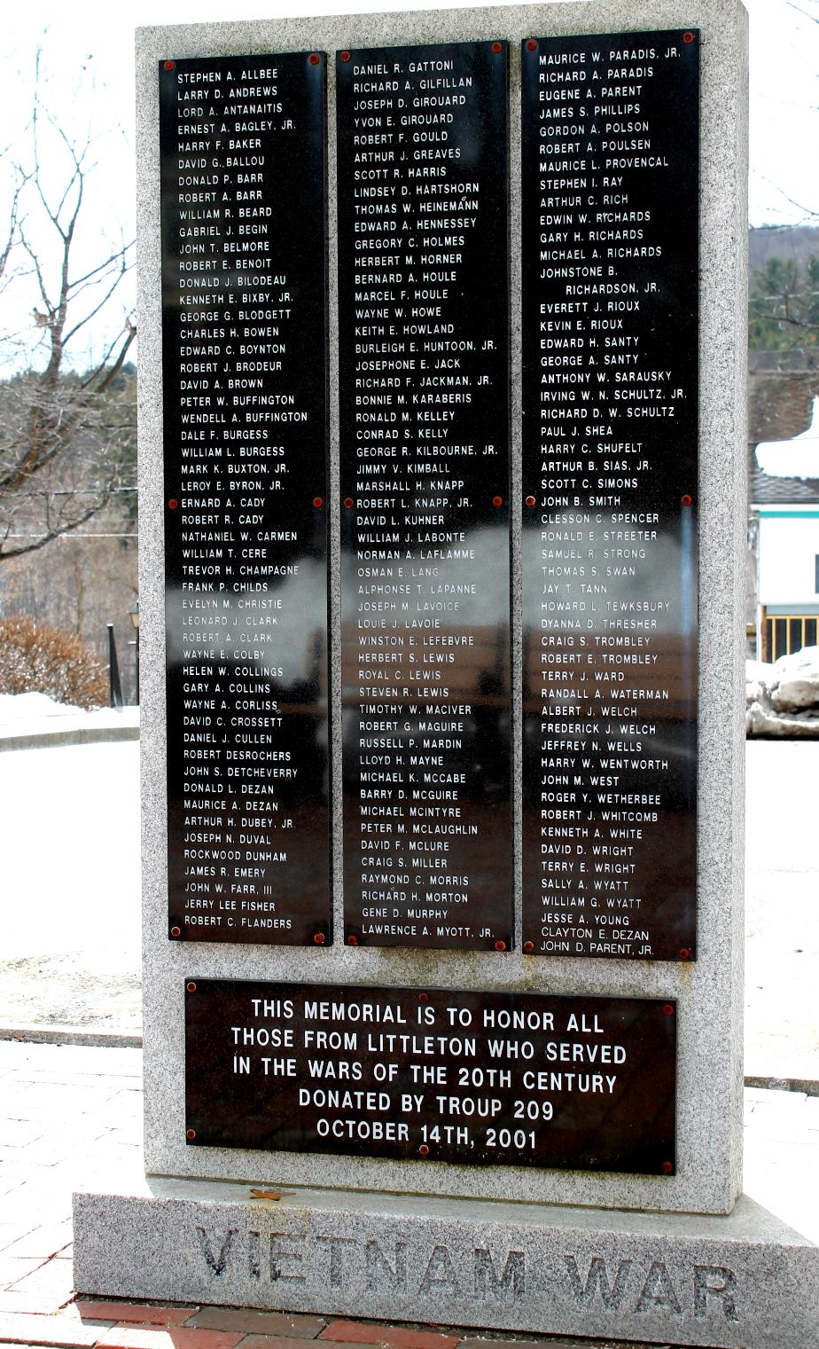 Littleton New Hampshire World War I, World War II and Vietnam War Veterans Memorial