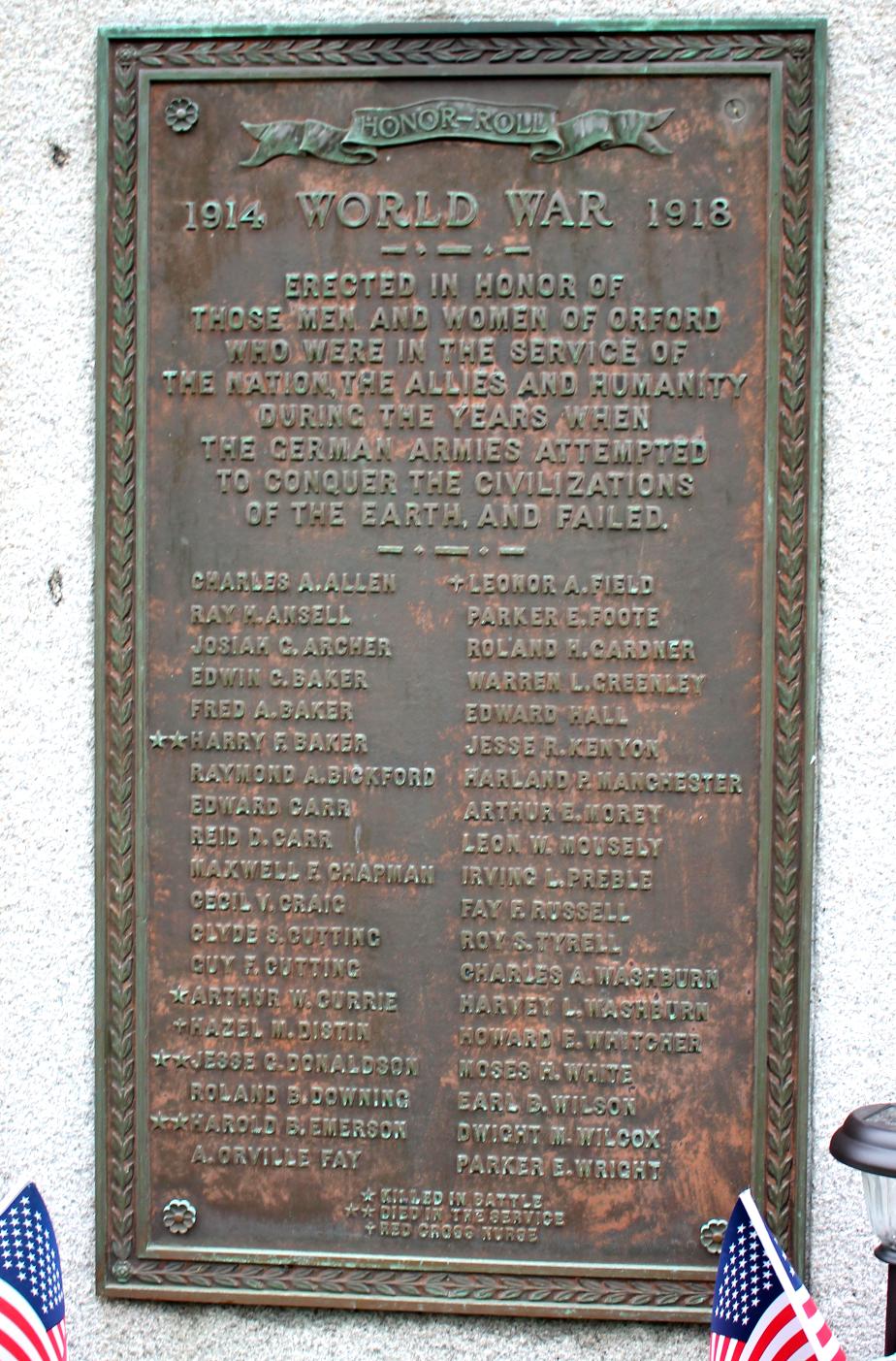 Orford New Hampshire World War I Veterans Memorial