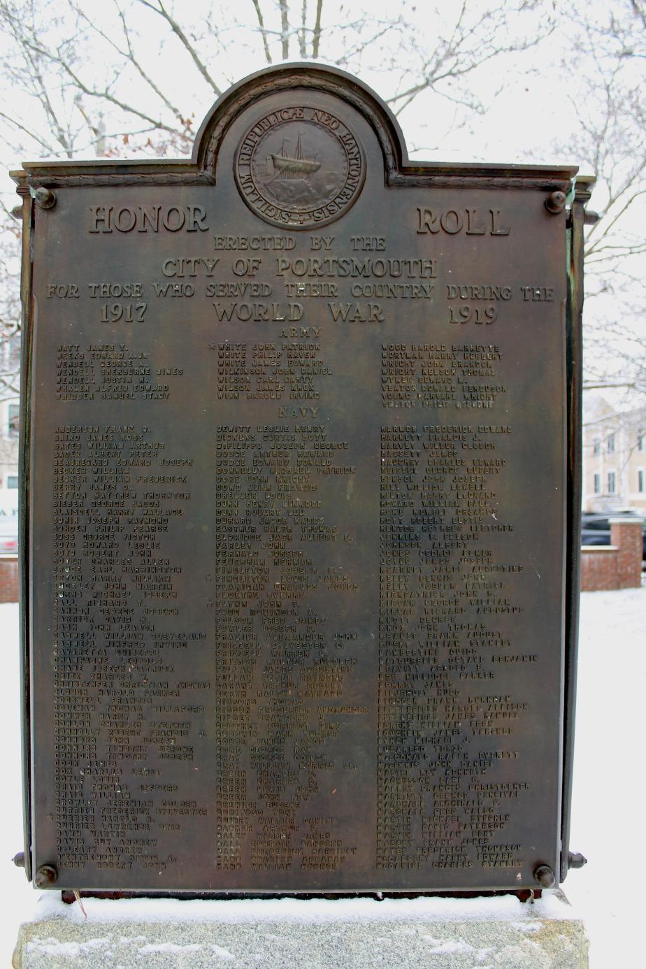  Portsmouth NH World War 1 Honor Roll - Goodwin Park