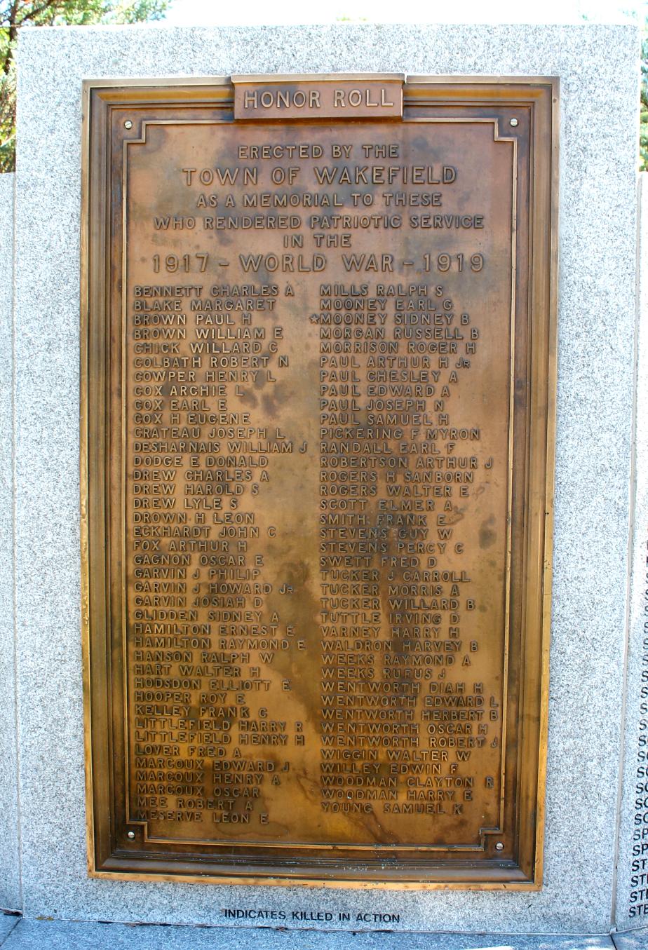 Wakefield NH World War I  Veterans Honor Roll