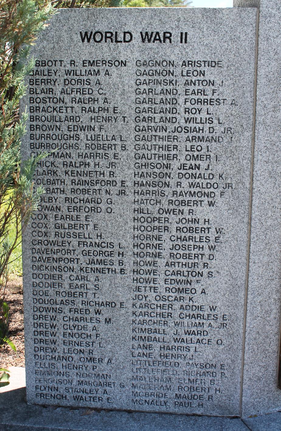 Wakefield NH World War II Veterans Honor Roll