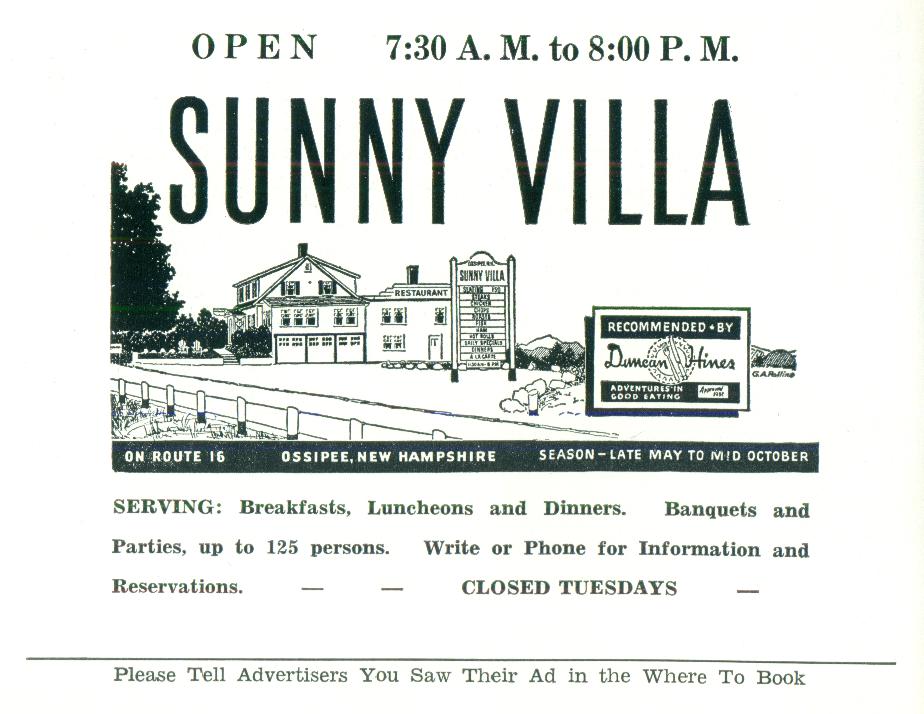 Sunny Villa Restaurant - Ossipee NH 1954