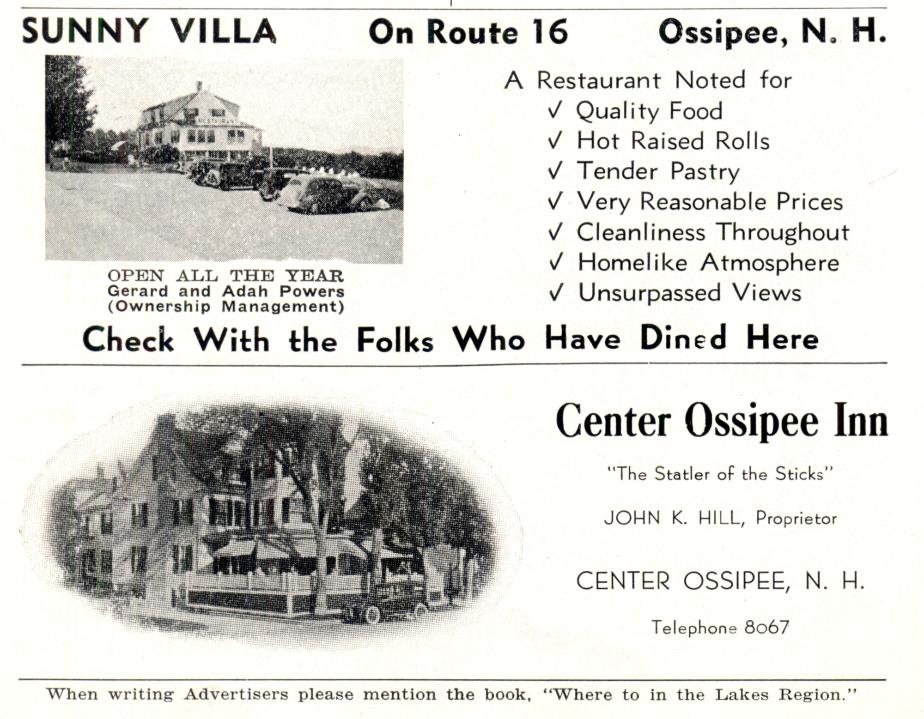 Sunny Villa Restaurant - Ossipee Inn - Ossipee NH 1939