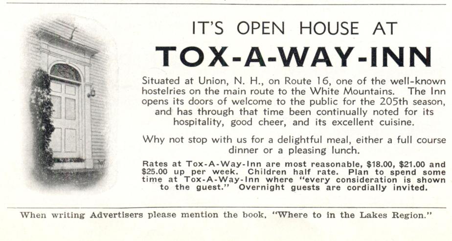 Tox-A-Way-Inn Union NH 1939