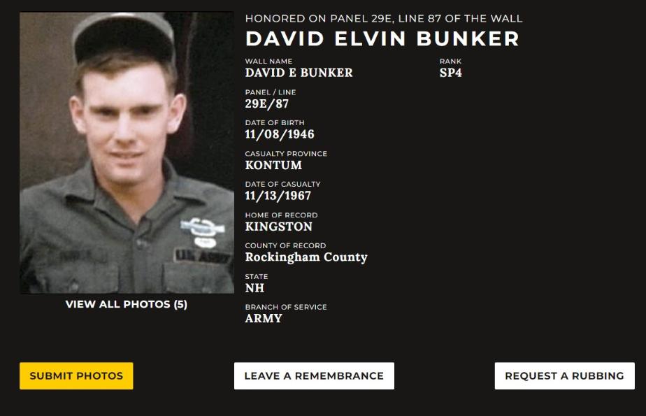 David Elvin Bunker Kingston NH Vietnam War Casualty