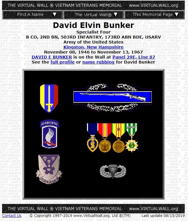 David Elvin Bunker Kingston NH Vietnam War Casualty