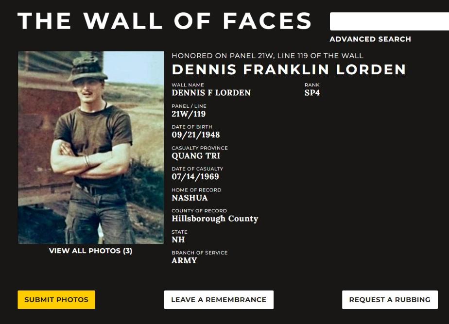 Dennis Franklin Lorden Nashua NH Vietnam War Casualty