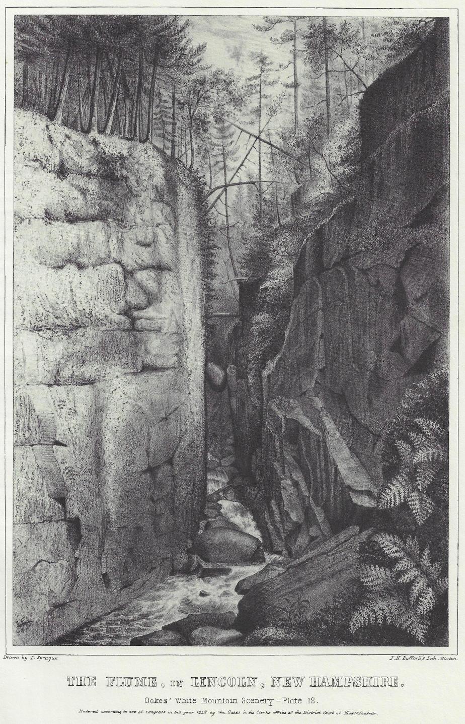 Oakes' White Mountain Scenery - 1848 The Flume