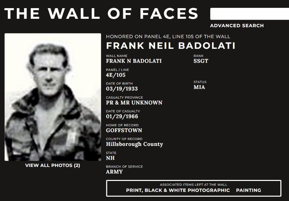 Frank Neil Badolati Goffstown NH Vietnam War Casualty MIA