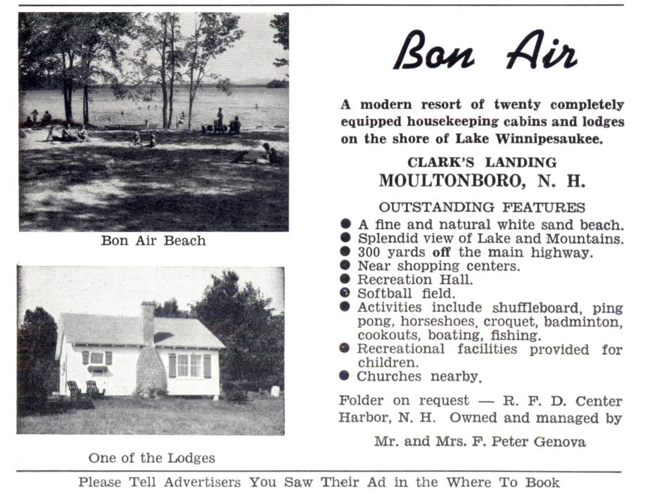 Bon Air Resort - Clark's Landing - Moultonboro NH 1953