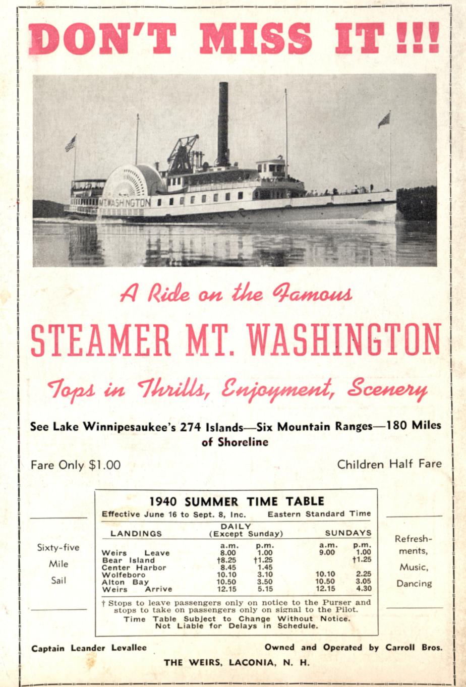 MS Mount Washington Time Table 1940