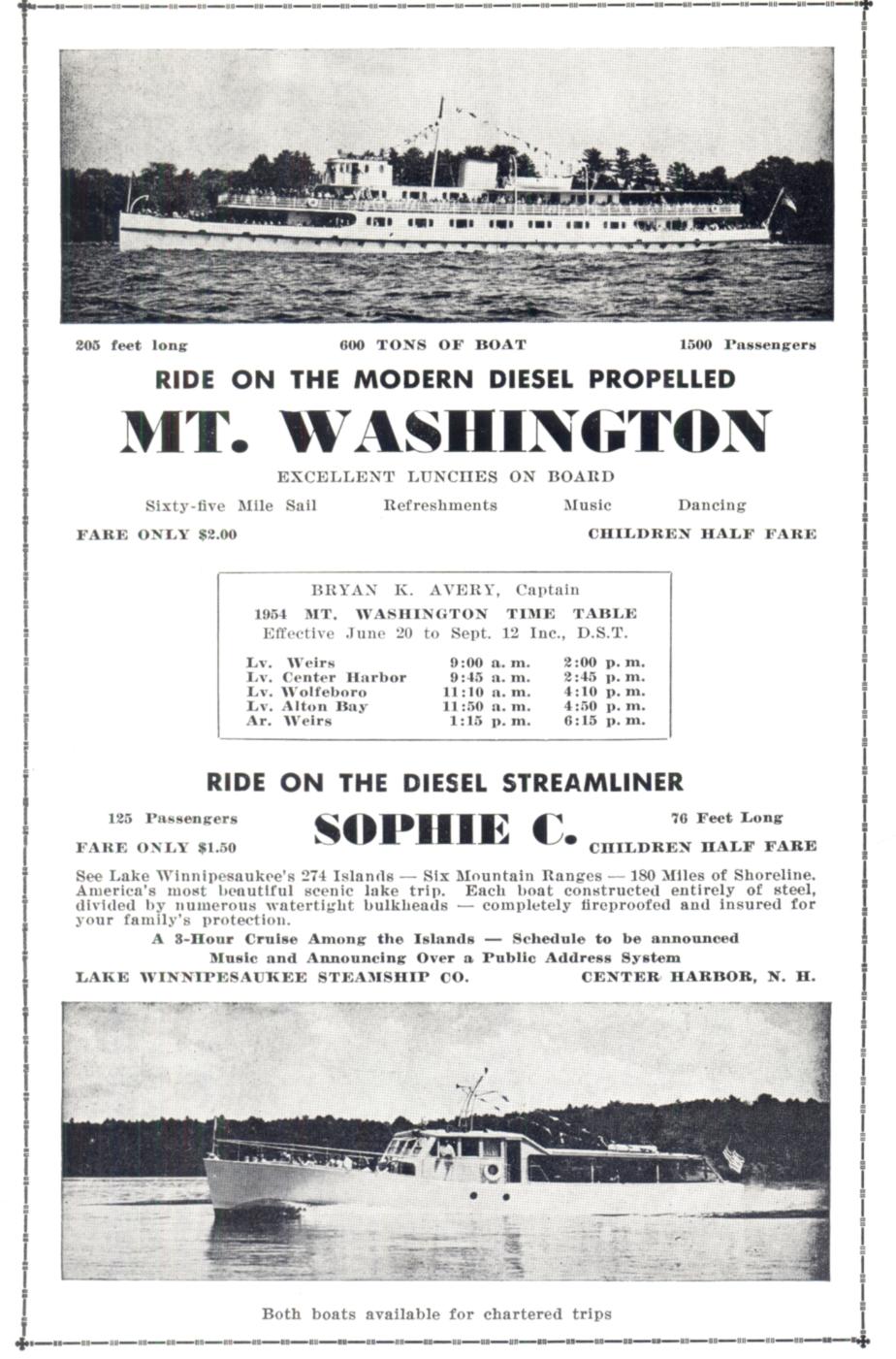 MS Mount Washington Time Table 1954